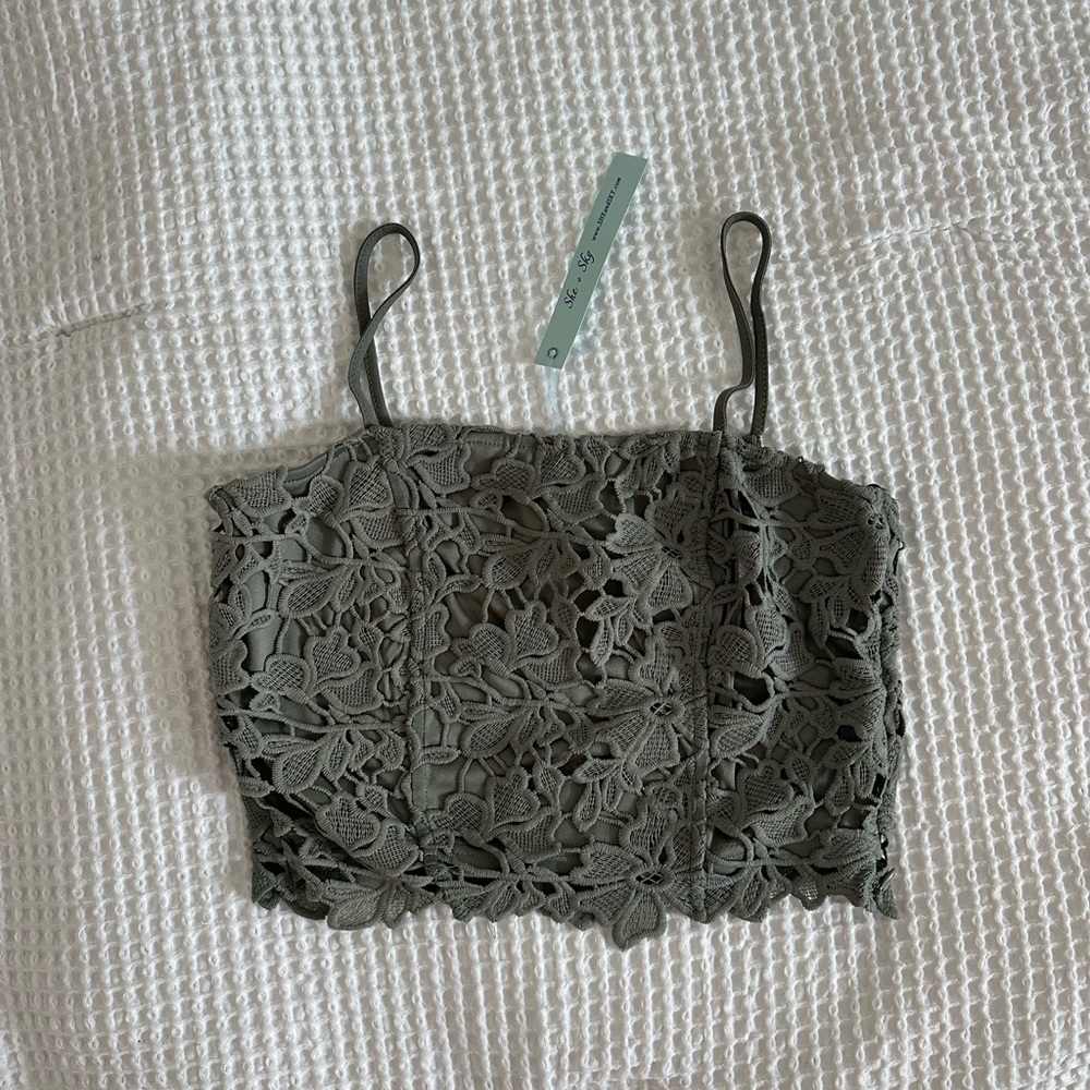 She + Sky Olive Green Lace Cropped Cami Tank